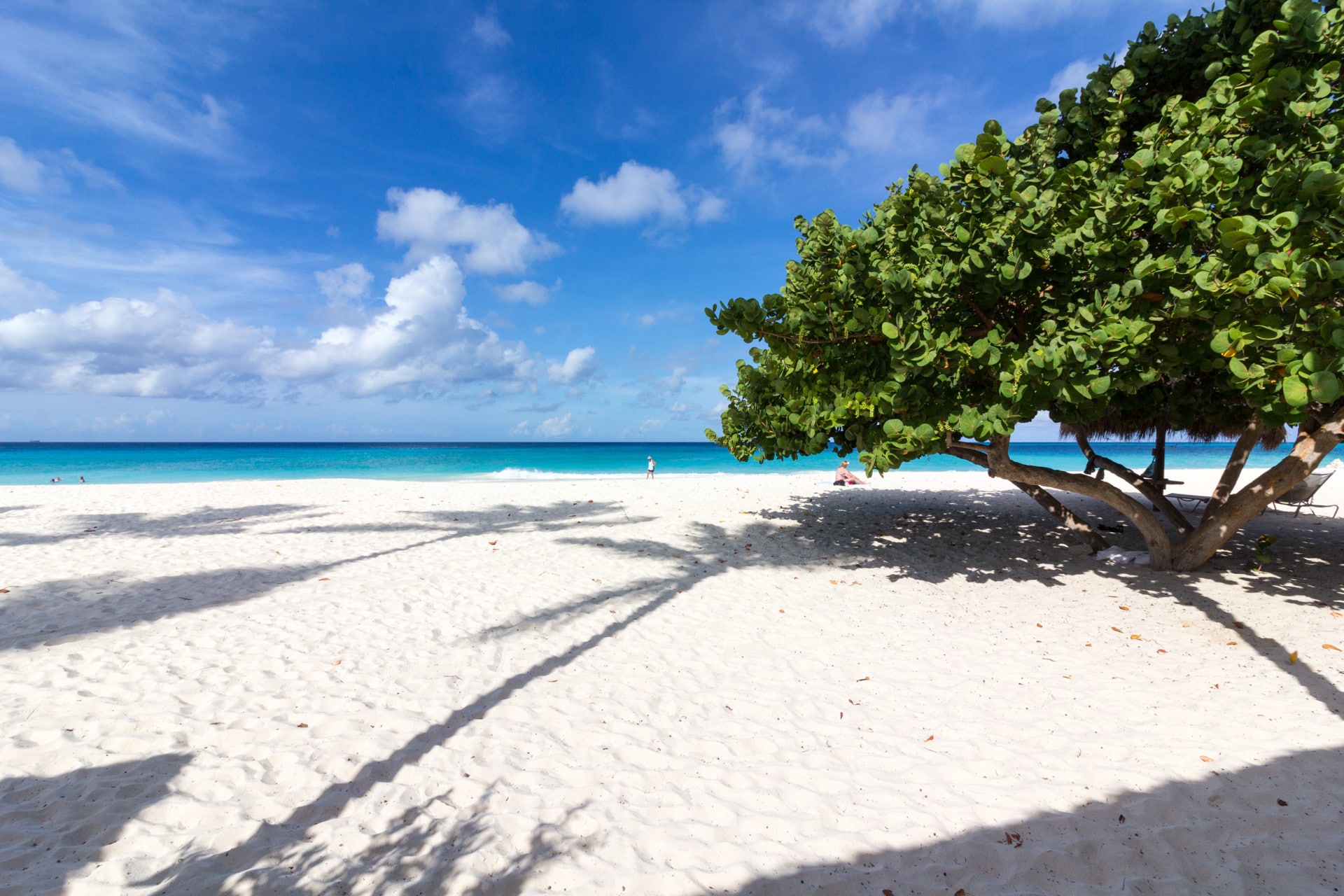 Sonnenschirm aus palmblättern an einem perfekten weißen strand vor