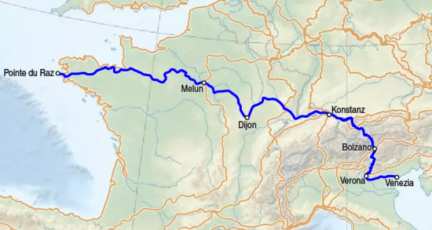 Karte des europäischen Fernwanderweges E5
