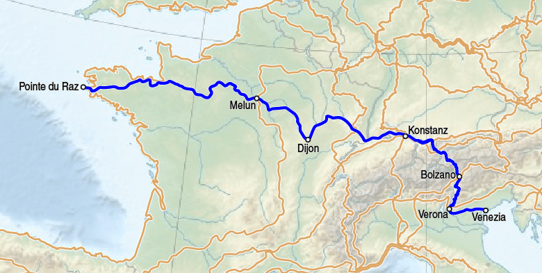 Karte des europäischen Fernwanderweges E5