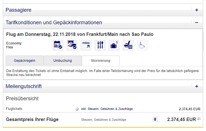 Beispiel für ein stornierbares Ticket der Lufthansa